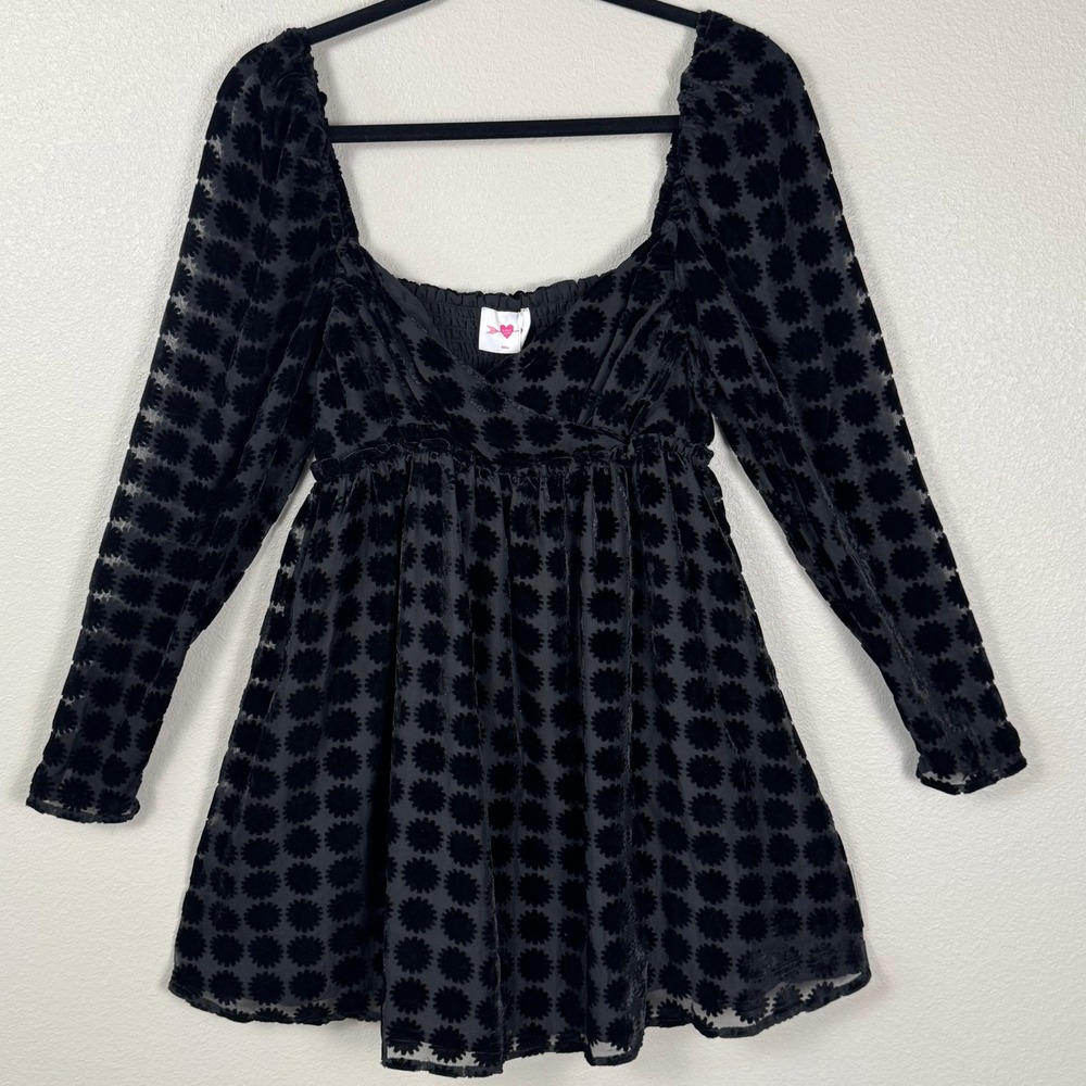Buddy Love Black Velvet Flocked Babydoll Dress Small Whimsygoth Dark Academia